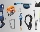Equipo de seguridad para epis taller: arnés, casco, mosquetones, anticaídas, calzado y pantalón de alta visibilidad.