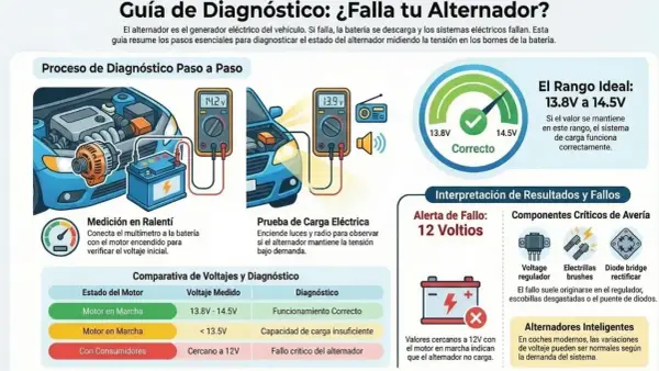 Guía para diagnosticar por qué se daña el alternador: mide el voltaje del coche en ralentí y bajo carga para detectar fallos.