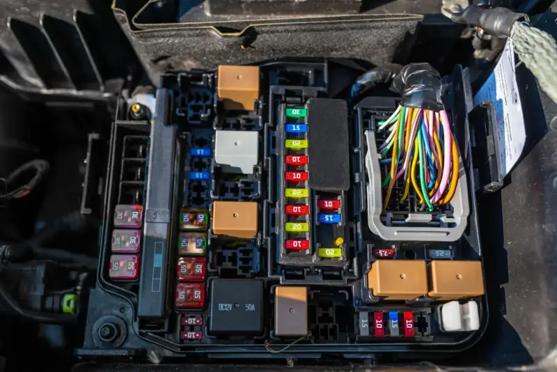 Caja de fusibles de coche con varios fusibles de diferentes amperajes y colores, relés marrones y un mazo de cables de colores.